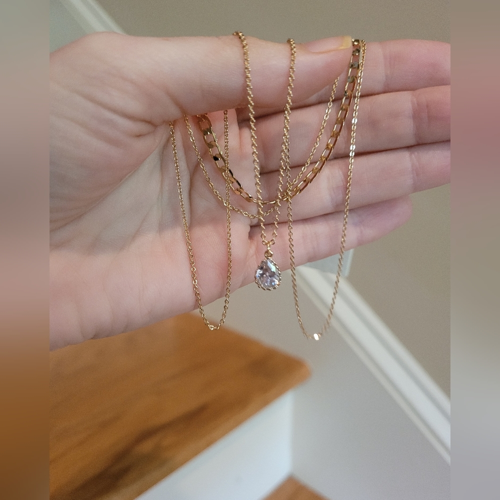NEW 3 Chain Combo Gold Necklaces with Rhinestone Pendant